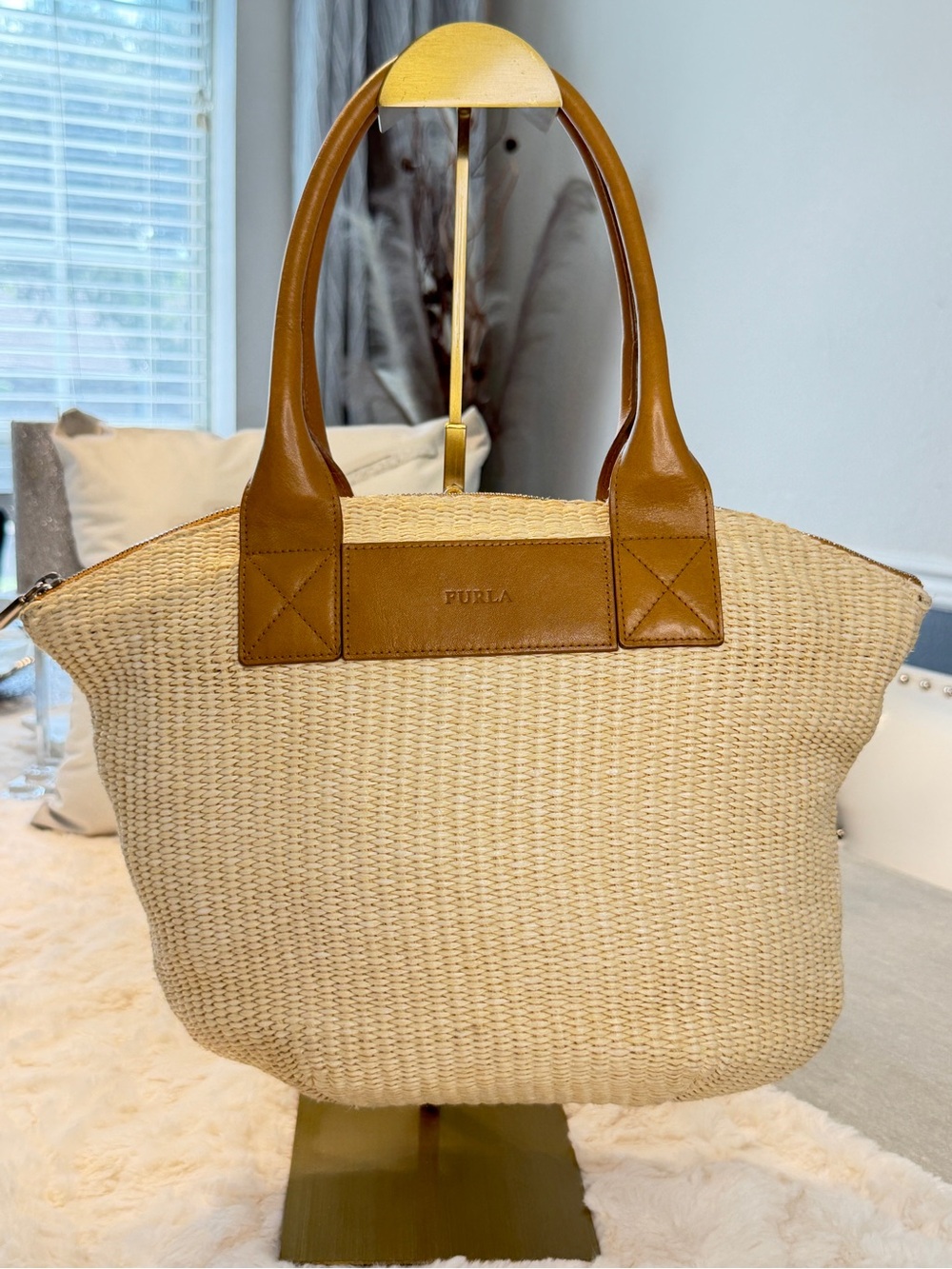 Furla Straw Shoulder Tote with Tan Leather Trim